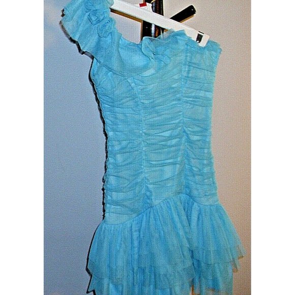 Party Dress by Josh & Jazz Lgt Blue Ruffles One Shoulder Strap Short  Size 3/4 - Picture 2 of 7